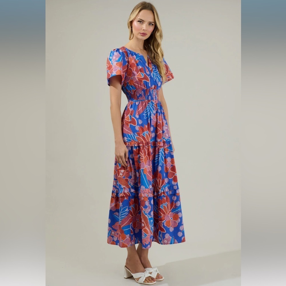 SugarLips Palmer Poplin Maxi Dress Blue Red - Picture 3 of 6